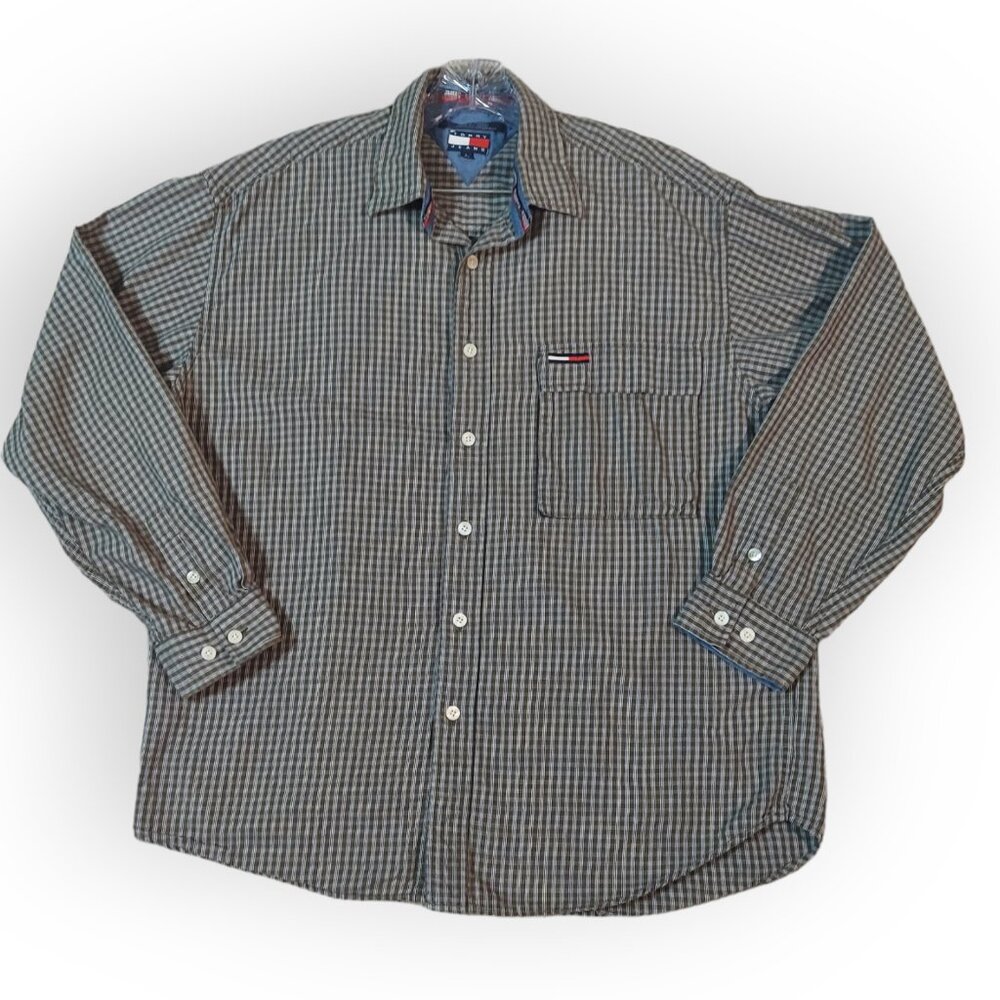 TOMMY HILFIGER Mens Shirt Olive Green Plaid Button Down Long Sleeve Size L